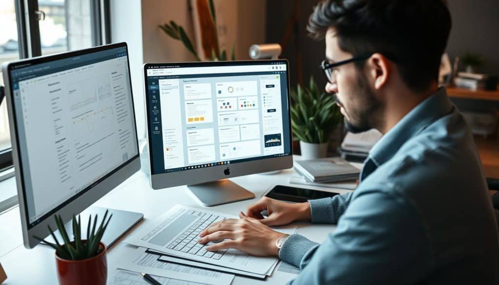Generate an image of a UX designer working on a wireframing tool on a computer.