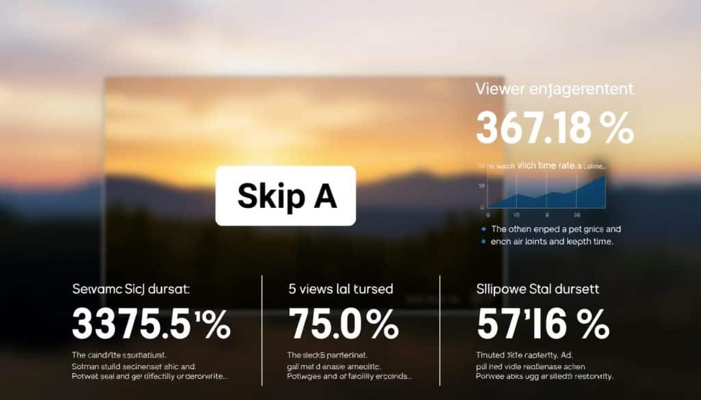 Generate an image of a YouTube video ad with a skip button, showing viewer engagement metrics such as watch time and click-through rates.