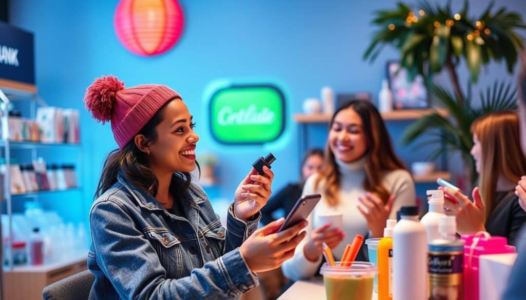 Generate an image of a brand ambassador promoting products on social media