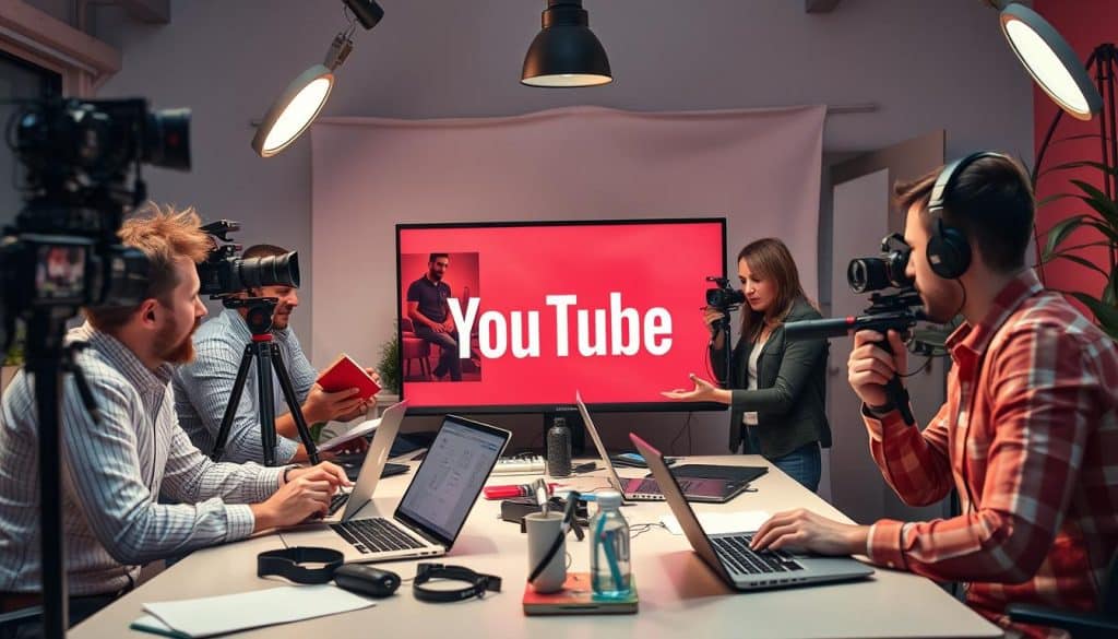 Generate an image of a business creating a video for YouTube.
