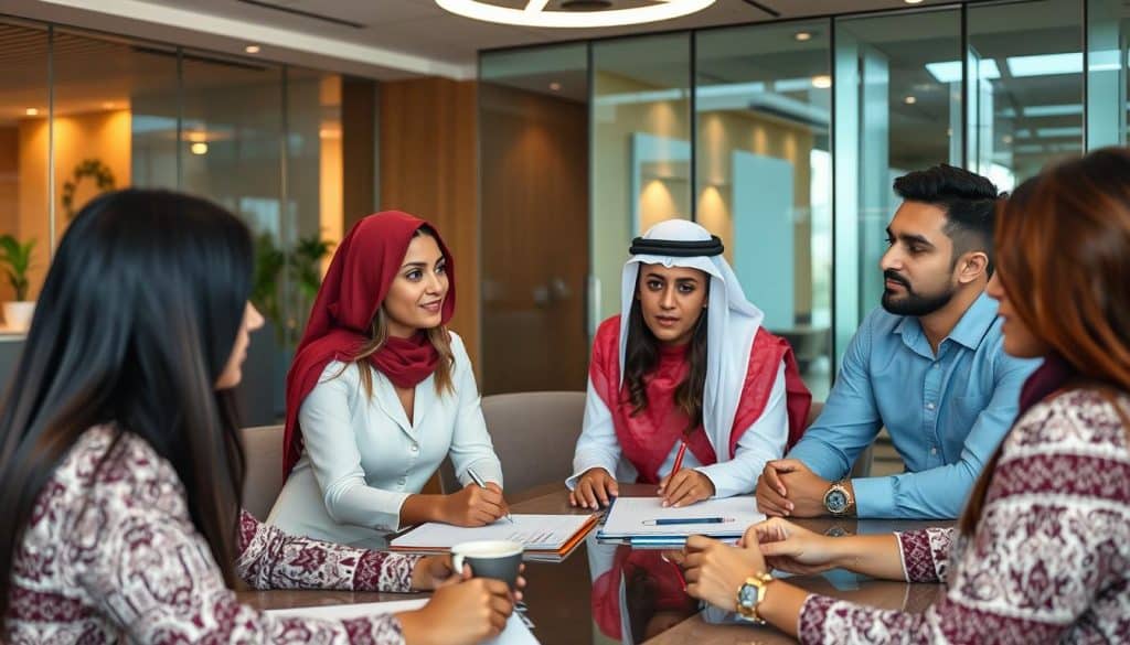 Generate an image of a business meeting in Qatar with professionals discussing branding strategies.