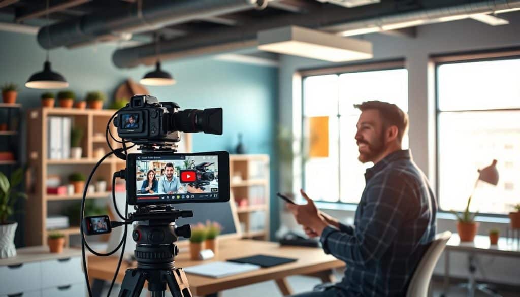 Generate an image of a business owner creating a YouTube video