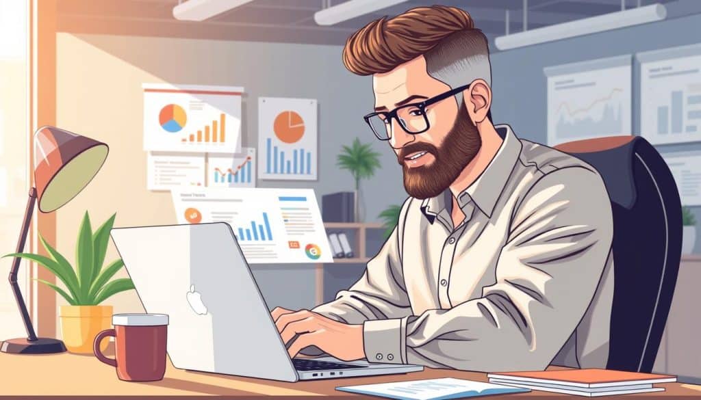 Generate an image of a business owner optimizing their Google Business Profile on a laptop.