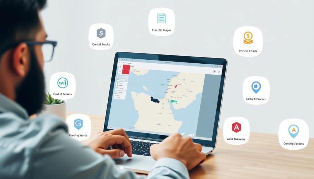 Generate an image of a business owner using a laptop with a Qatar map on the screen, surrounded by local SEO tools on the dashboard.