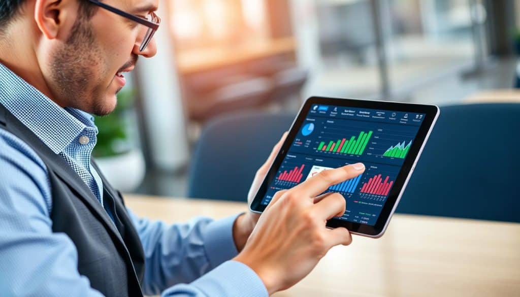 Generate an image of a business professional analyzing Facebook and Instagram ad performance on a tablet.