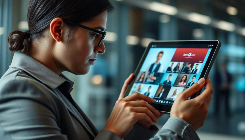 Generate an image of a business professional analyzing different video platforms on a digital device.