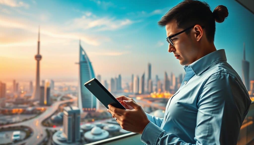Generate an image of a business professional analyzing digital marketing data on a tablet with a cityscape of Doha in the background.