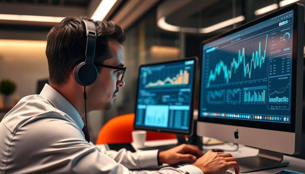 Generate an image of a business professional analyzing internet advertising data on a computer screen. Generate an image of a business professional analyzing internet advertising data on a computer screen.