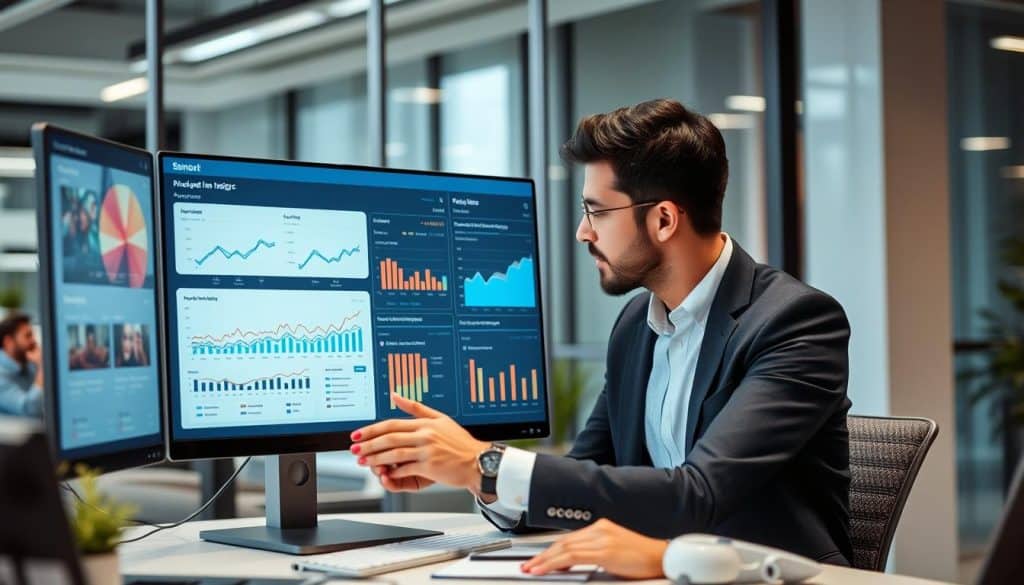 Generate an image of a business professional analyzing social media advertising metrics on a digital dashboard.