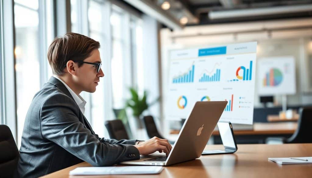 Generate an image of a business professional analyzing social media competitive analysis tools on a laptop.