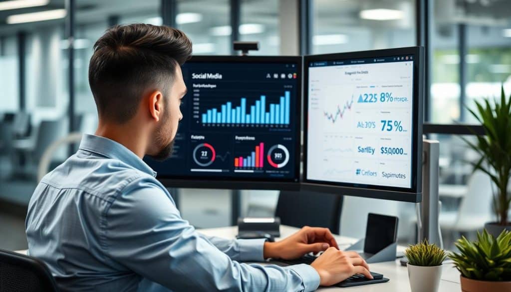 Generate an image of a business professional analyzing social media data on a computer screen