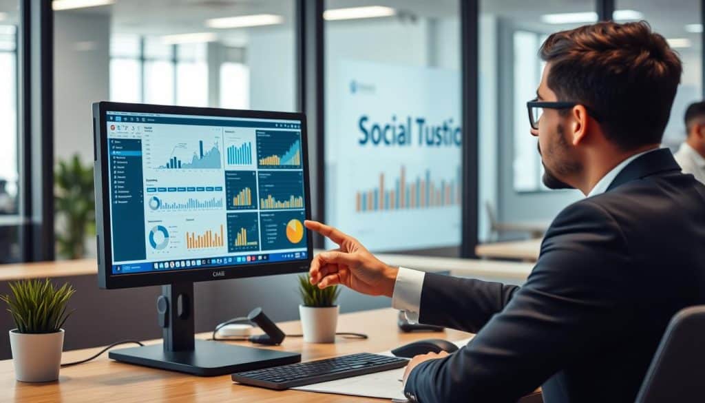 Generate an image of a business professional analyzing social media data on a computer screen