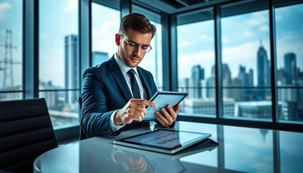 Generate an image of a business professional analyzing social media marketing data on a tablet.