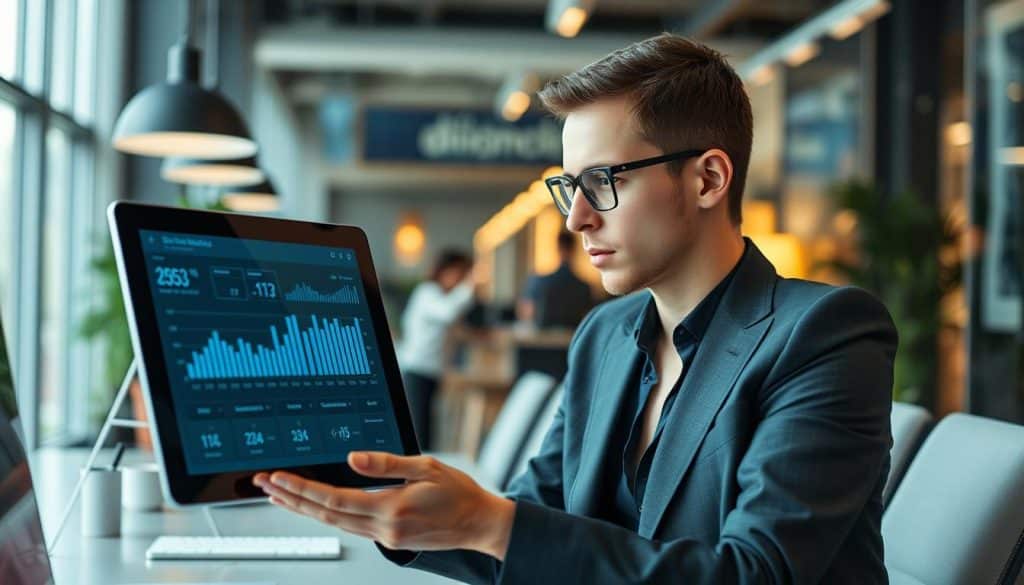 Generate an image of a business professional analyzing social media metrics on a digital device.