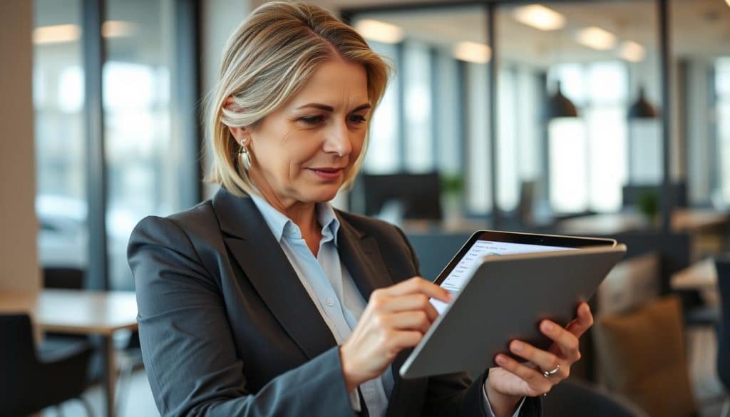 Generate an image of a business professional analyzing social media metrics on a tablet