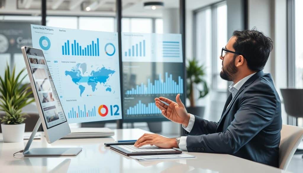 Generate an image of a business professional analyzing social media platform demographics in Qatar.
