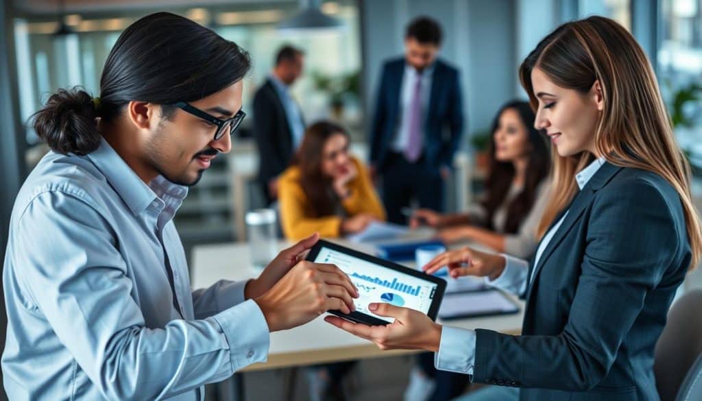 Generate an image of a business professional creating a marketing strategy on a digital tablet