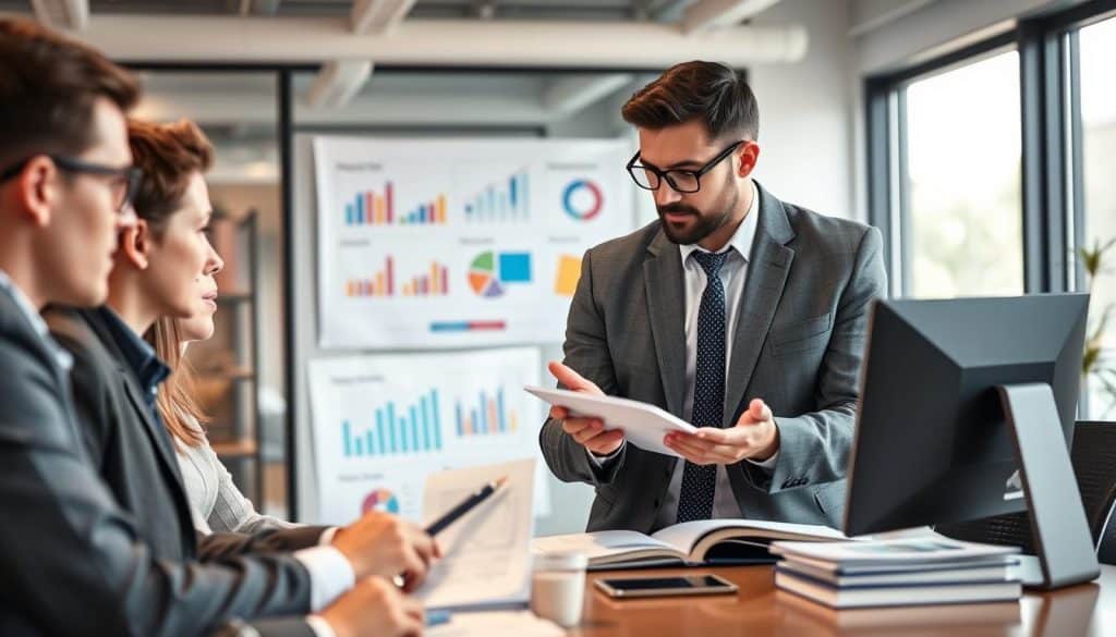 Generate an image of a business professional evaluating different digital marketing strategists.