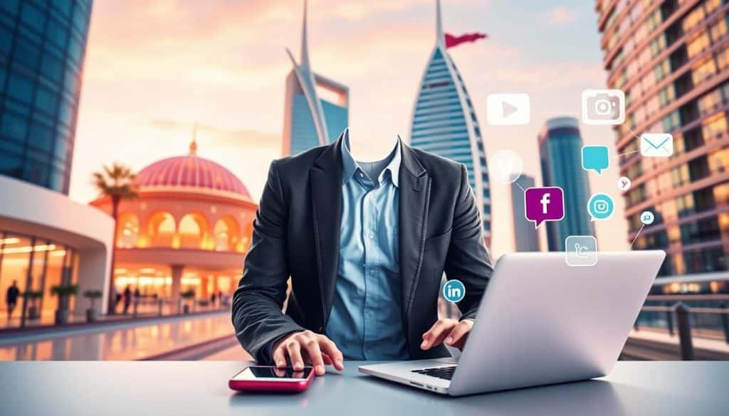 Generate an image of a business professional in Qatar starting their social media journey