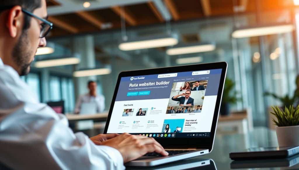 Generate an image of a business professional in Qatar using a laptop with Duda's website builder interface on the screen.