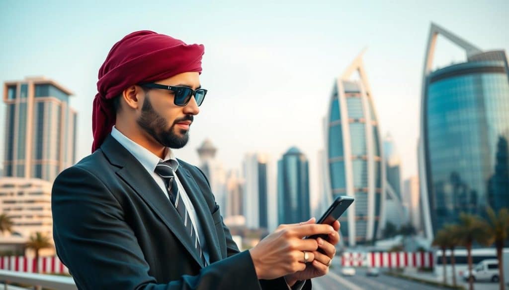 Generate an image of a business professional in Qatar using a mobile device, with a cityscape in the background.