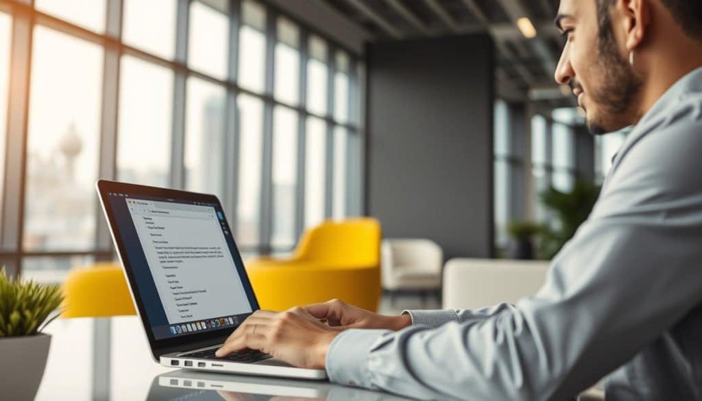 Generate an image of a business professional in Qatar using an automatic email writing tool on a laptop.
