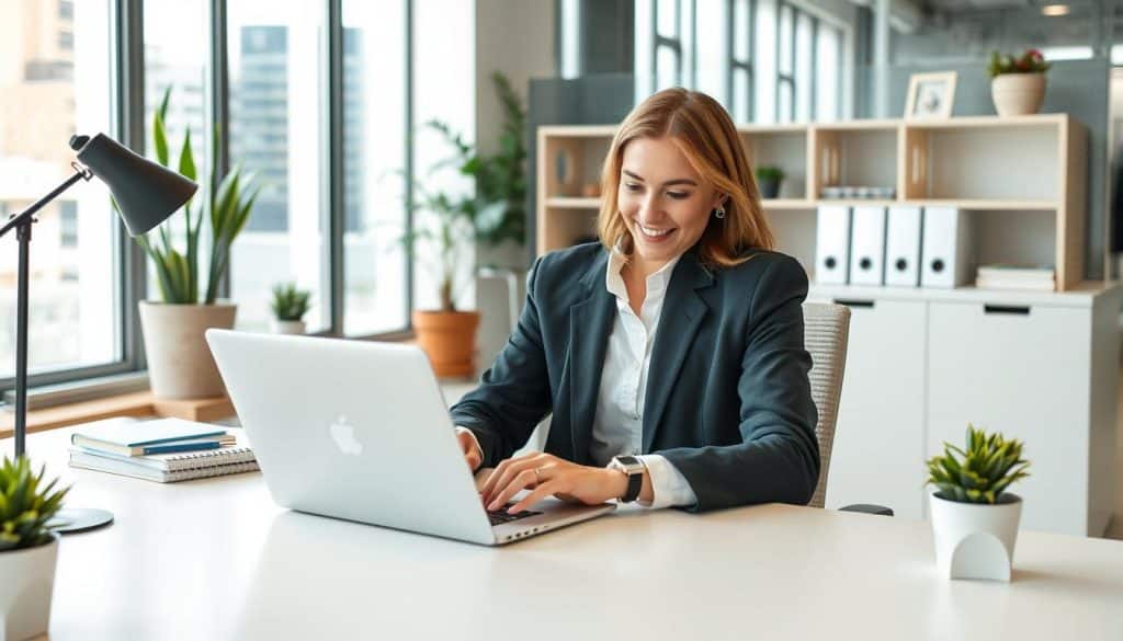 Generate an image of a business professional sending a welcome email on a laptop