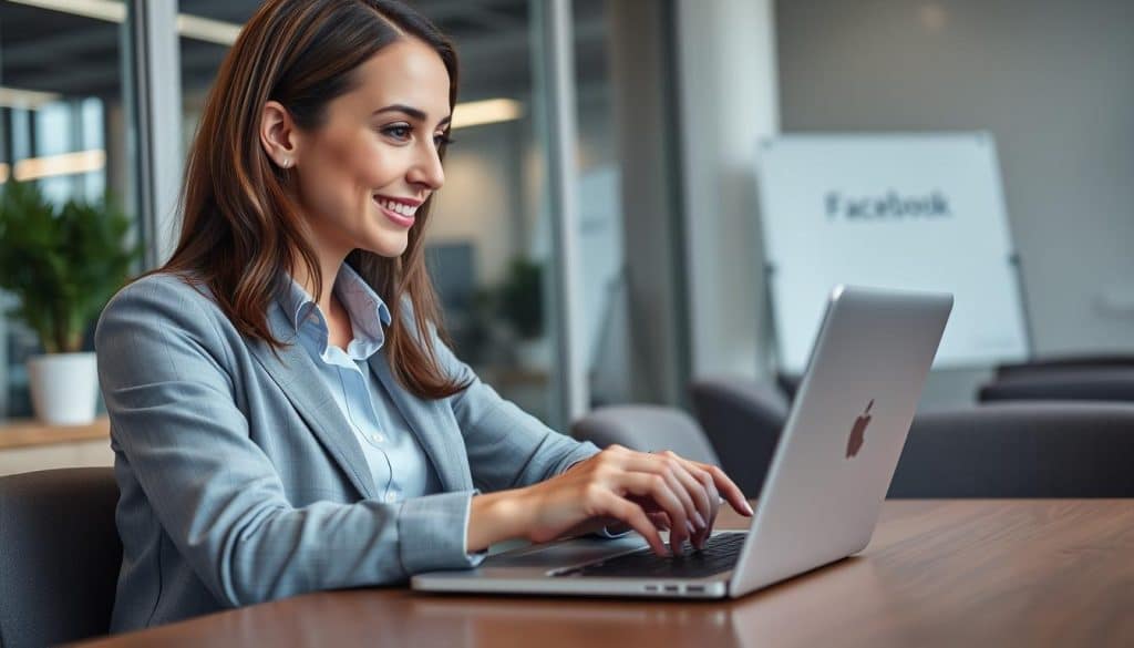 Generate an image of a business professional using Facebook on their laptop