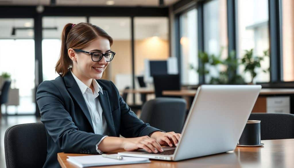 Generate an image of a business professional using Softr's no-code web application builder on a laptop.