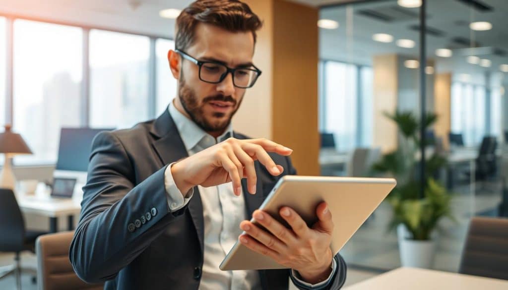 Generate an image of a business professional using a tablet with a software interface on the screen, in a modern Qatar office setting.