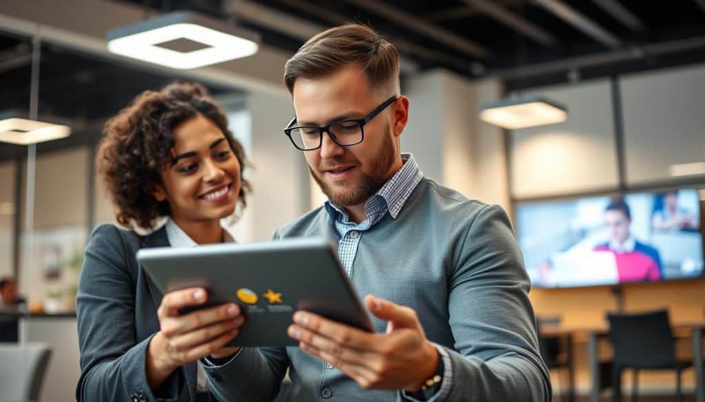 Generate an image of a business professional watching a digital strategy video on a tablet.