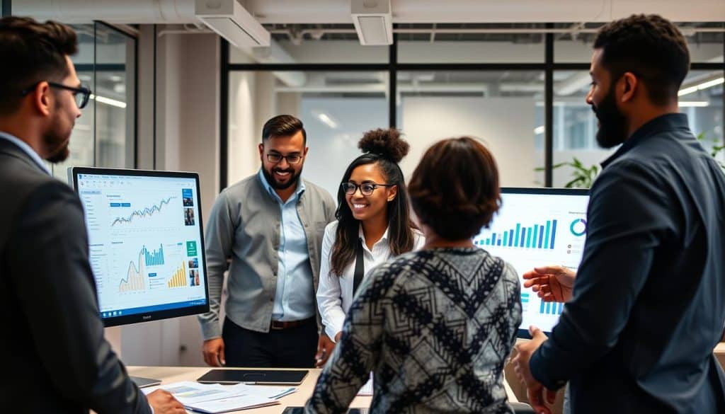 Generate an image of a business team collaborating with a digital marketing agency