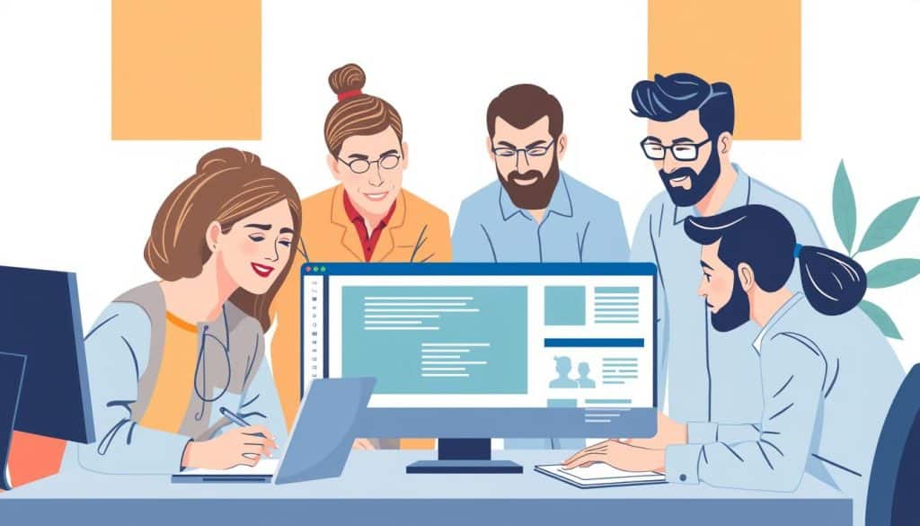 Generate an image of a business team managing their website content through a user-friendly CMS interface.
