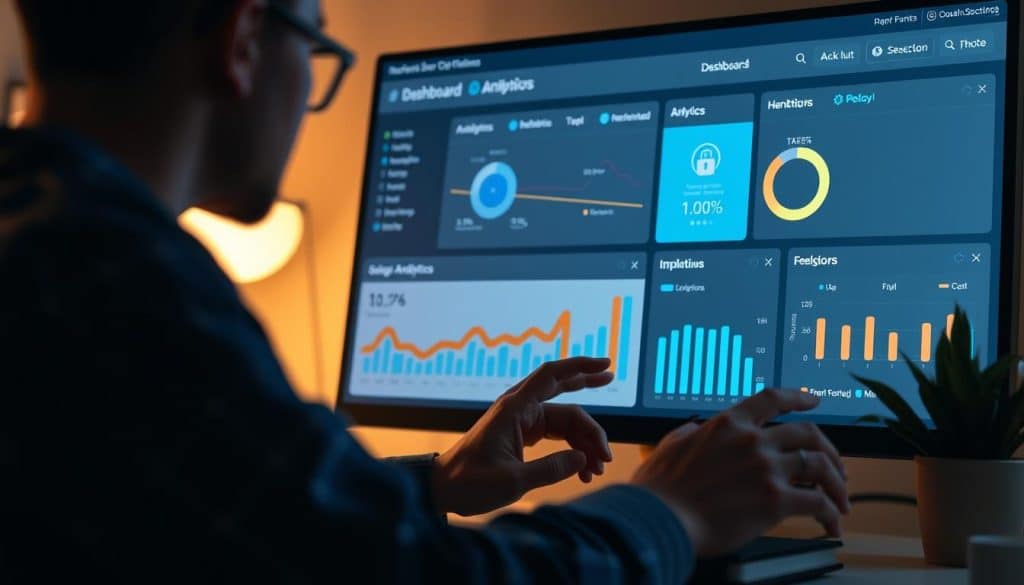 Generate an image of a business user interacting with a customized frontend dashboard on their WordPress site. Generate an image of a business user interacting with a customized frontend dashboard on their WordPress site.