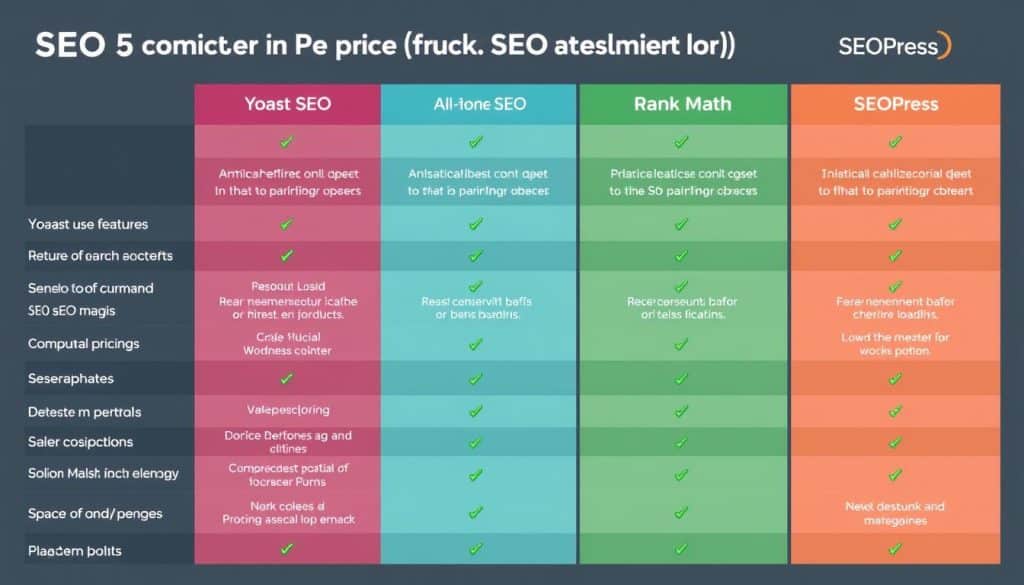 Generate an image of a comparison chart between Yoast SEO, All in One SEO, Rank Math, and SEOPress Generate an image of a comparison chart between Yoast SEO, All in One SEO, Rank Math, and SEOPress