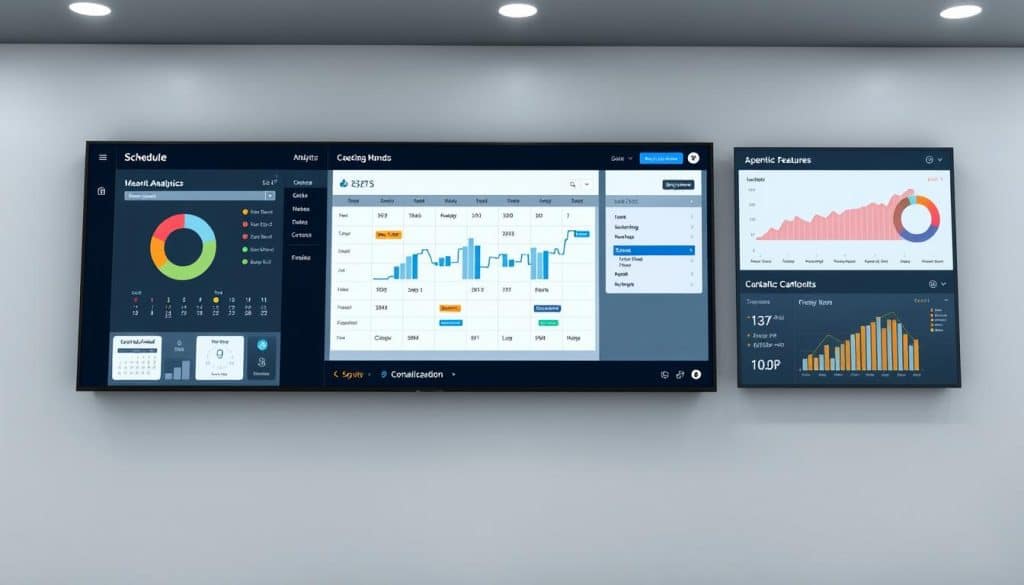Generate an image of a content management system interface for digital signage, showing scheduling and analytics features.