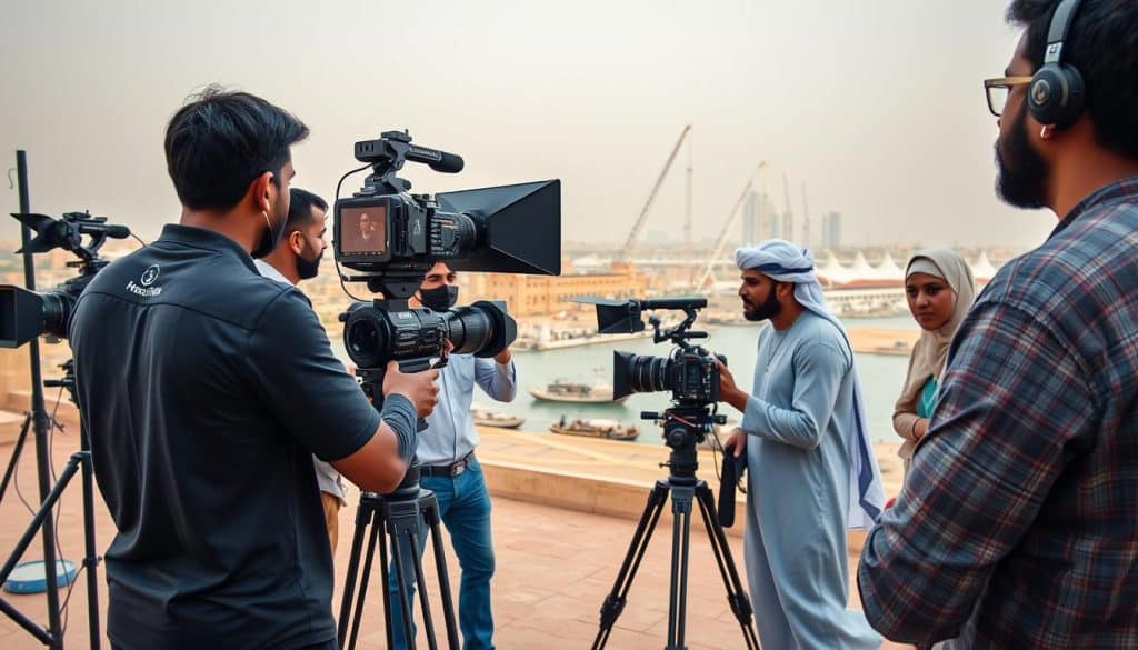 Generate an image of a corporate video production setup in Qatar, with a team filming a company profile.