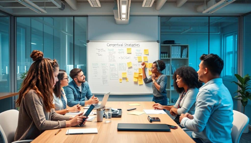 Generate an image of a creative team brainstorming innovative social media content strategies.