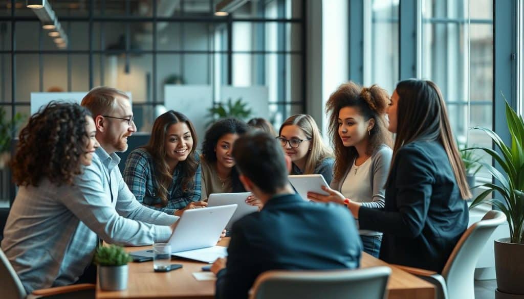 Generate an image of a creative team brainstorming innovative visual content strategies for social media campaigns.
