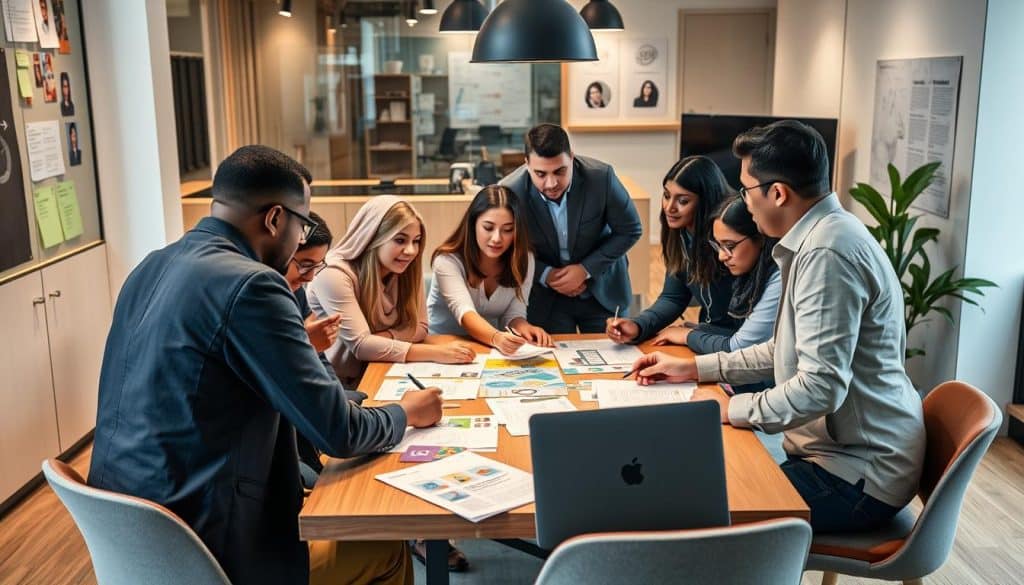 Generate an image of a creative workspace in Qatar with a team brainstorming around a table with diverse content ideas and brand strategy documents.