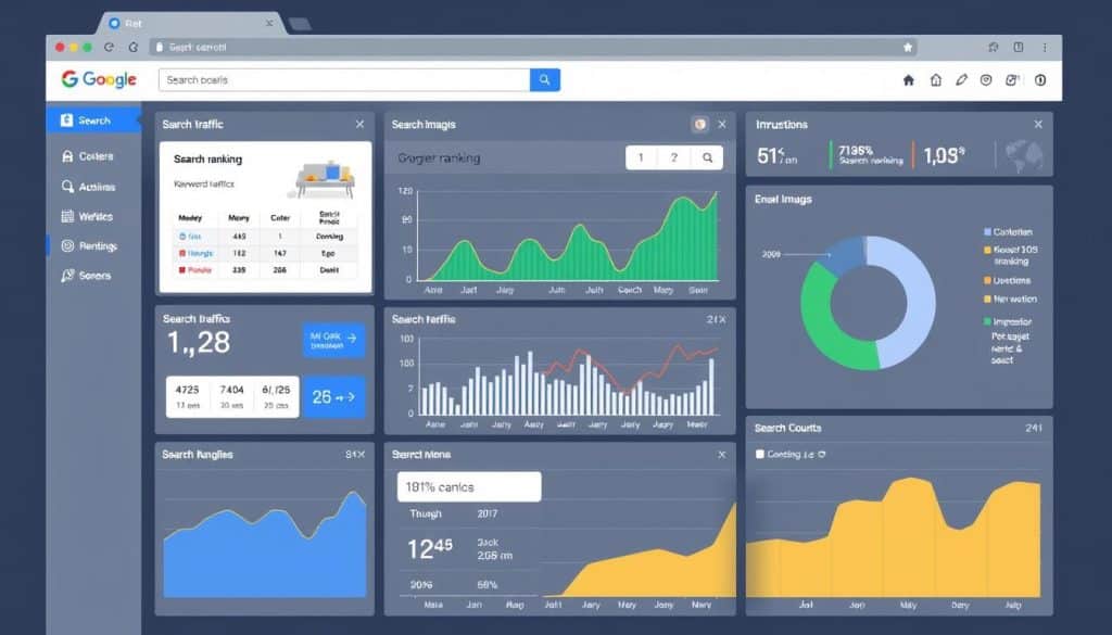 Generate an image of a dashboard displaying Google Search Console data. Generate an image of a dashboard displaying Google Search Console data.
