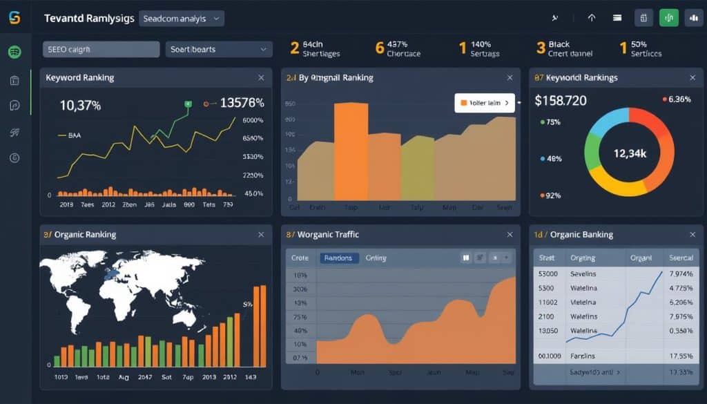 Generate an image of a dashboard displaying SEO analysis metrics