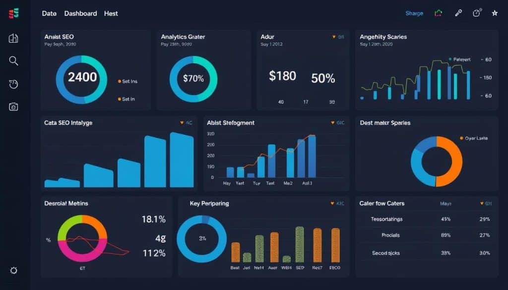 Generate an image of a dashboard displaying SEO metrics and analytics for a Qatar-based startup. Generate an image of a dashboard displaying SEO metrics and analytics for a Qatar-based startup.