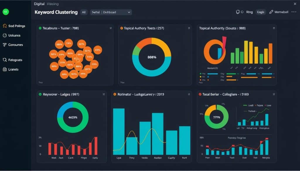 Generate an image of a dashboard displaying keyword clustering and topical authority metrics.