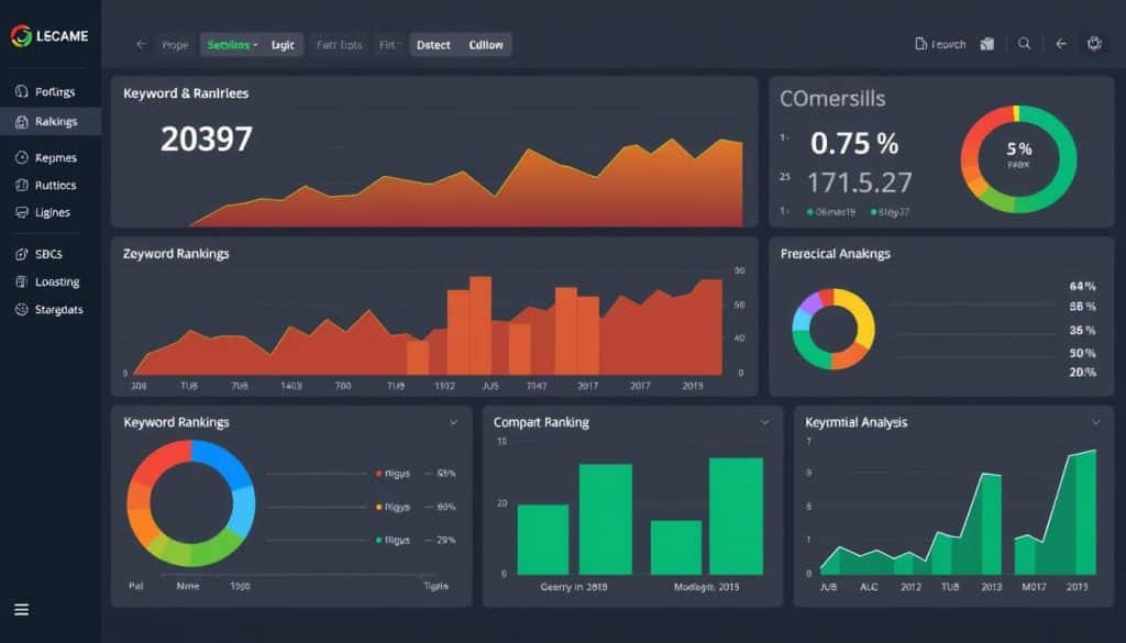 Generate an image of a dashboard displaying keyword rankings and competitor analysis