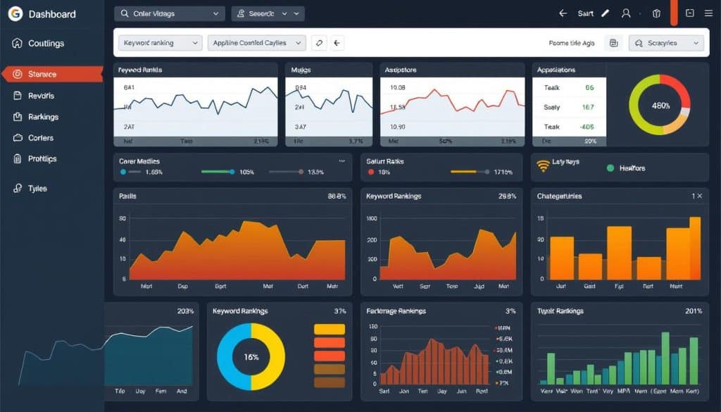 Generate an image of a dashboard displaying keyword rankings and performance metrics.