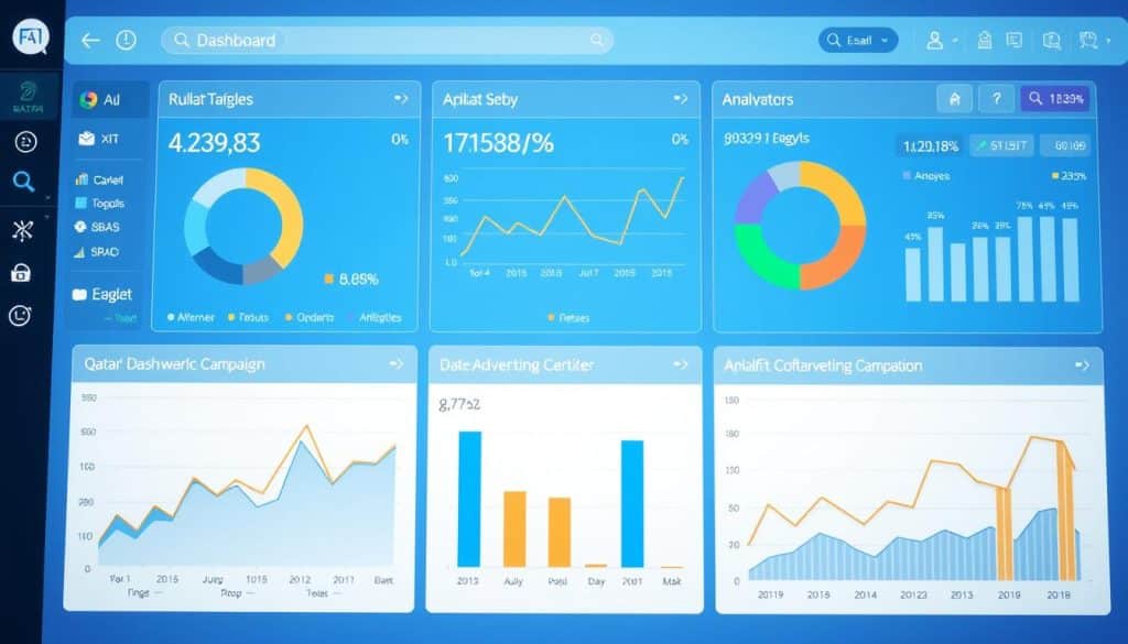 Generate an image of a dashboard displaying various analytics metrics for web marketing advertising campaigns in Qatar.