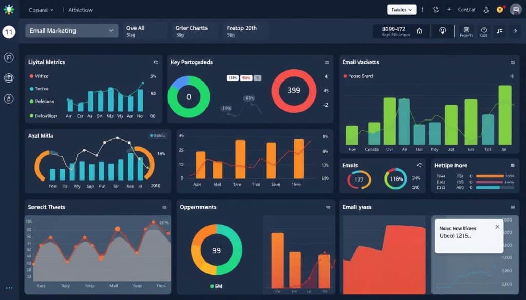 Generate an image of a dashboard displaying various digital marketing metrics and analytics for email marketing software.