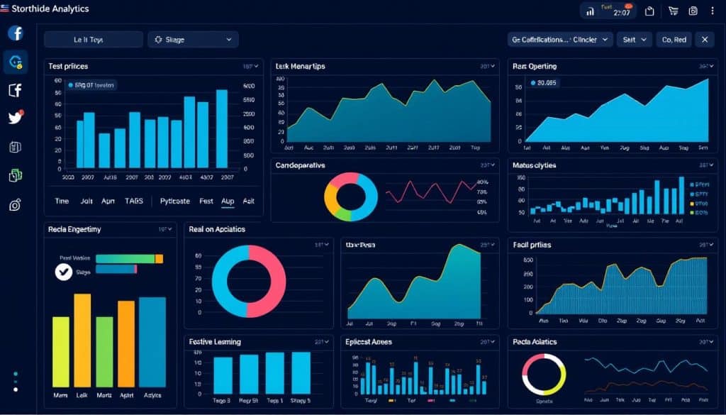 Generate an image of a dashboard displaying various social media analytics metrics.