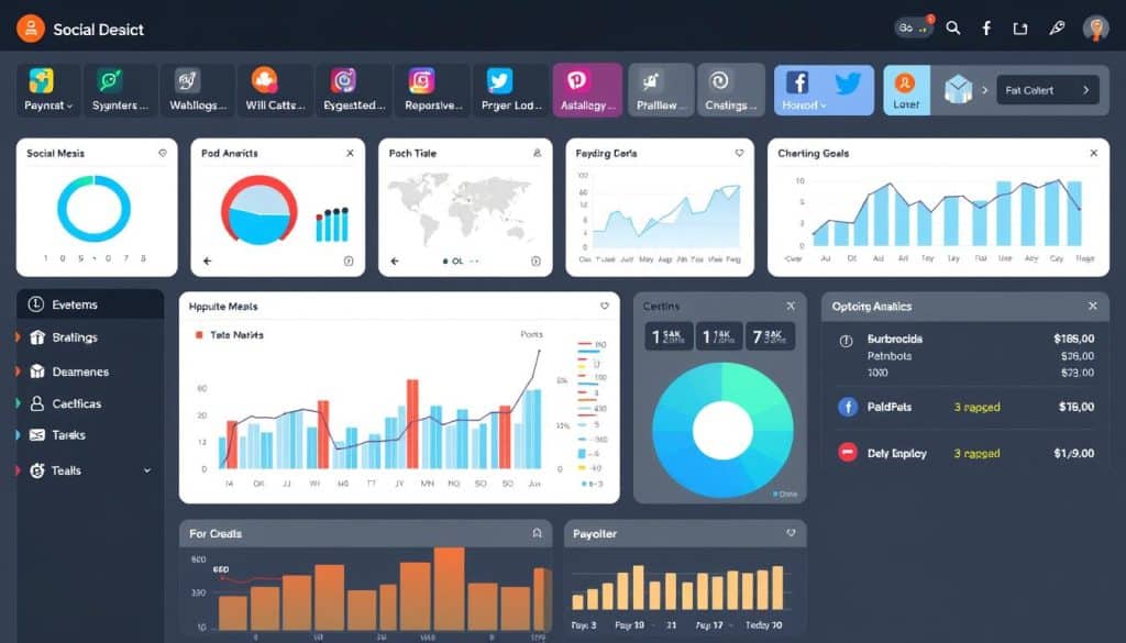 Generate an image of a dashboard displaying various social media management tools.